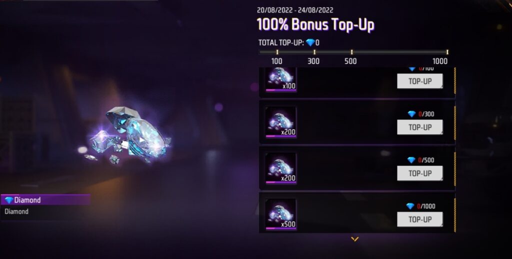100% Bonus Topup: Double Diamonds Offer in Free Fire Max