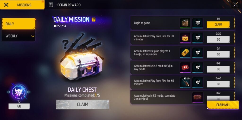 Free Fire Daily Missions are best way to level up in Free Fire