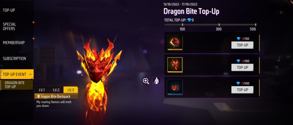 Free Fire Dragon Bite Top-Up Event Rewards