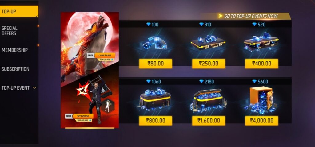 Purchase Diamonds to Increase Level in Free Fire