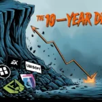A downward graph with popular game logos falling off a cliff, like EA, Ubisoft, and Activision.