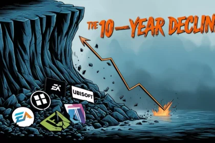 A downward graph with popular game logos falling off a cliff, like EA, Ubisoft, and Activision.