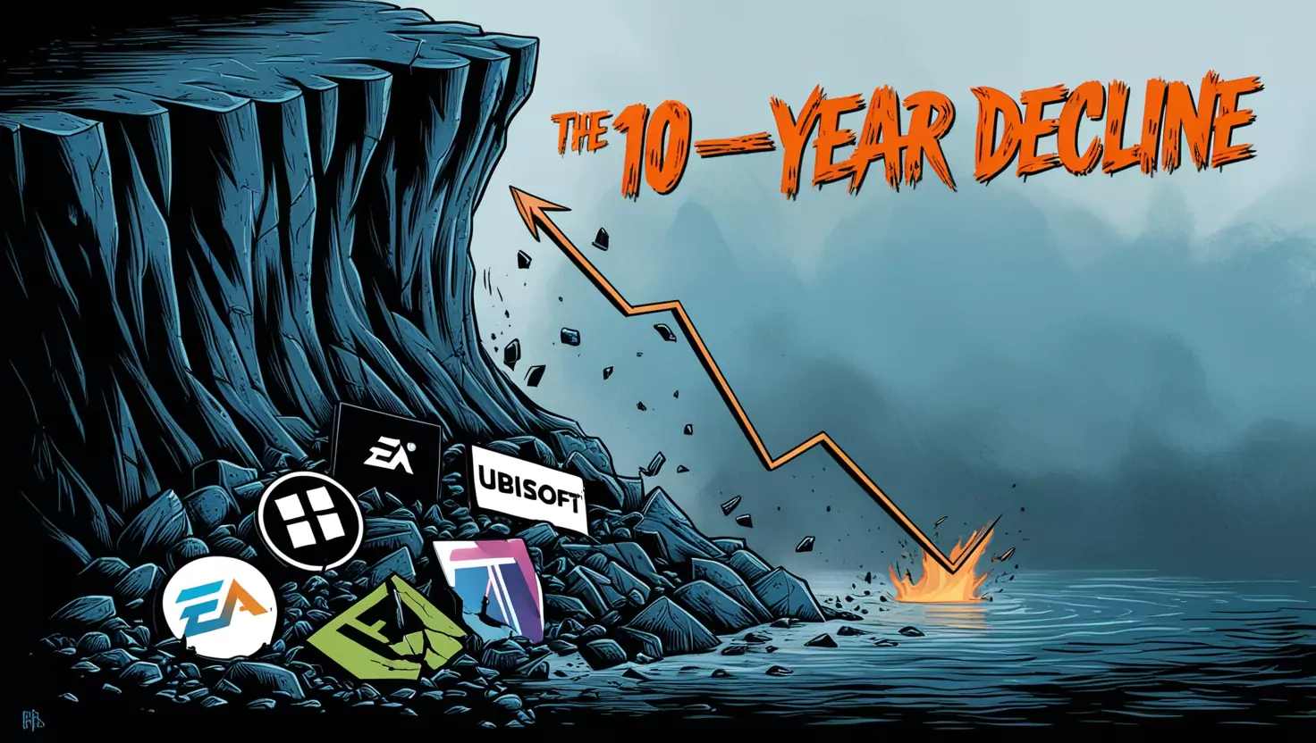A downward graph with popular game logos falling off a cliff, like EA, Ubisoft, and Activision.
