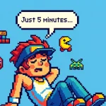 Pixel art of a relaxed gamer leaning back with eyes closed, surrounded by classic retro game icons like Pac-Man, Tetris, and Space Invaders, with a speech bubble saying "Just 5 minutes..."
